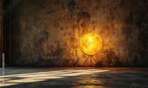 Glowing moon lamp in grunge room, sunlight. Interior design