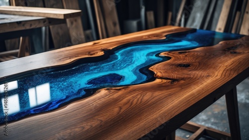 Natural wood texture enhanced by epoxy and paint design