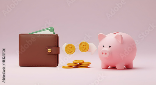 piggy bank,  wallet,  money, Putting Money in Piggy Bank, Savings Concept