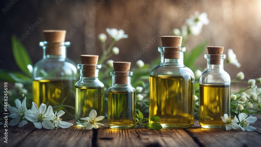Range of natural oils in clear bottles on a surface. Theme of pure organic substances in cosmetic applications. Bath products, mood of calmness, relaxation. Close-up macro view. Wholesome lifestyle Range of natural oils in clear bottles on a surface. Theme of pure organic substances in cosmetic applications. Bath products, mood of calmness, relaxation. Close-up macro view. Wholesome lifestyle