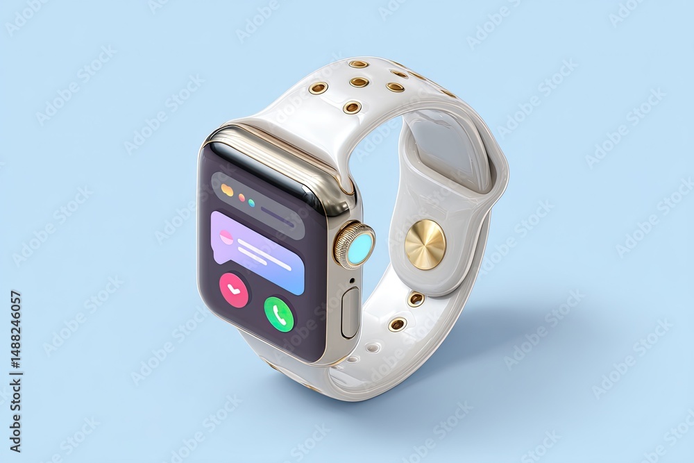 Fototapeta premium A stylish smartwatch with a white strap and a vibrant touchscreen displays notifications and apps against a light blue background, emphasizing modern technology