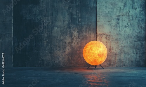 Glowing orb lamp in a concrete room. Interior design