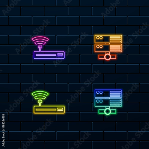 icon Data center servers Connecting to big data in the cloud. neon style. LAN network illustration.Wifi modem signal.