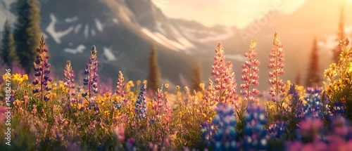 Vibrant Wildflower Landscape at Sunset with Majestic Mountains