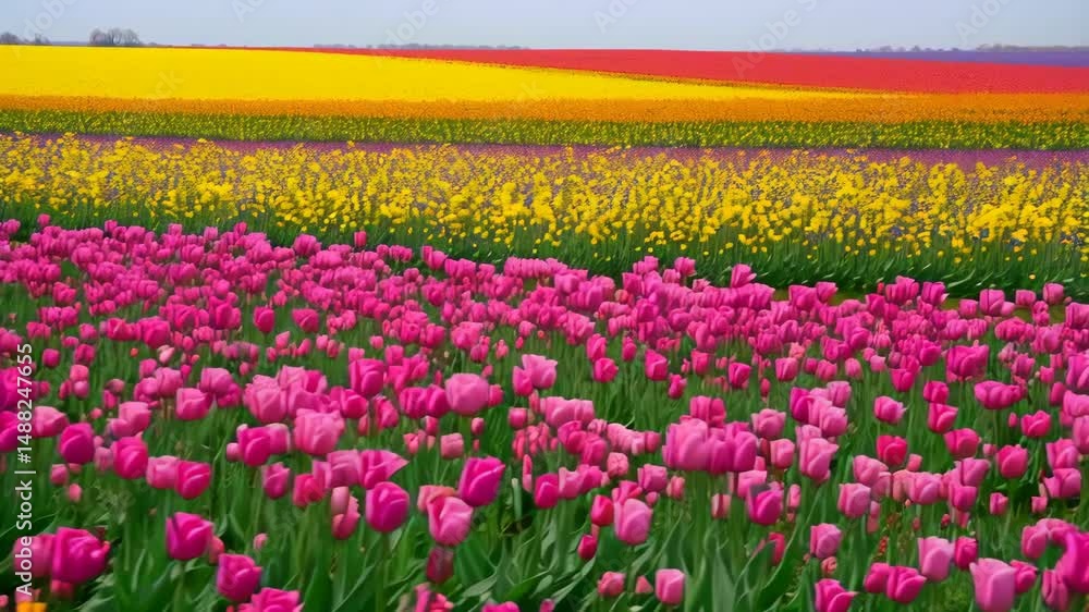Vibrant tulip field displaying rows of blooming pink, yellow, and orange flowers with green stems forming a colorful floral landscape. Vibrant tulip field displaying rows of blooming pink, yellow, and orange flowers with green stems forming a colorful floral landscape.
