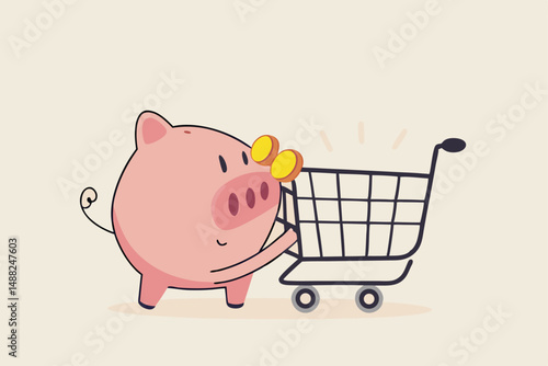 Overspending on shopping online causing debt, poverty, losing money or impact savings, over budget or financial failure concept, shopping cart trolley crash and broke sad saving or budget piggy bank.