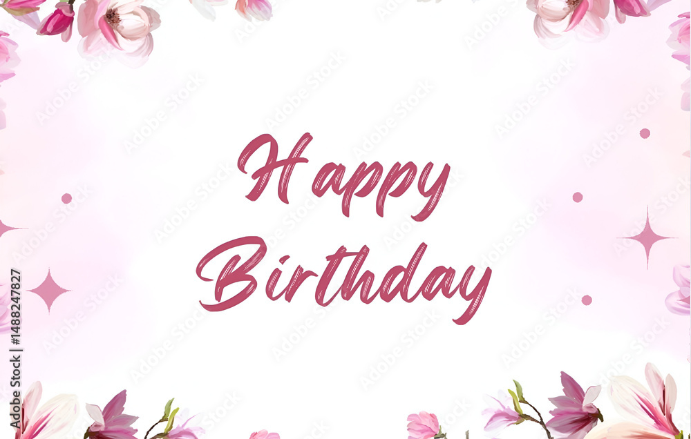 Naklejka premium Elegant Happy Birthday Card with Pink Floral Frame and Minimal Text on White Background