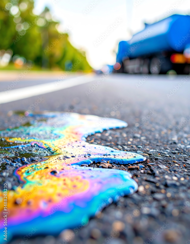 Obraz premium A colorful oil slick reflects sunlight on a road, showcasing vibrant hues against the asphalt, with a truck blurred in the background
