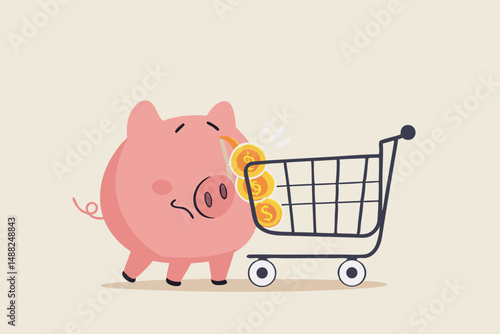 Overspending on shopping online causing debt, poverty, losing money or impact savings, over budget or financial failure concept, shopping cart trolley crash and broke sad saving or budget piggy bank.