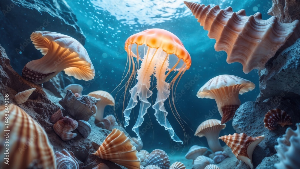 A serene underwater scene featuring a vibrant jellyfish gracefully swimming among colorful seashells, illuminated by soft blue light, creating a A serene underwater scene featuring a vibrant jellyfish gracefully swimming among colorful seashells, illuminated by soft blue light, creating a