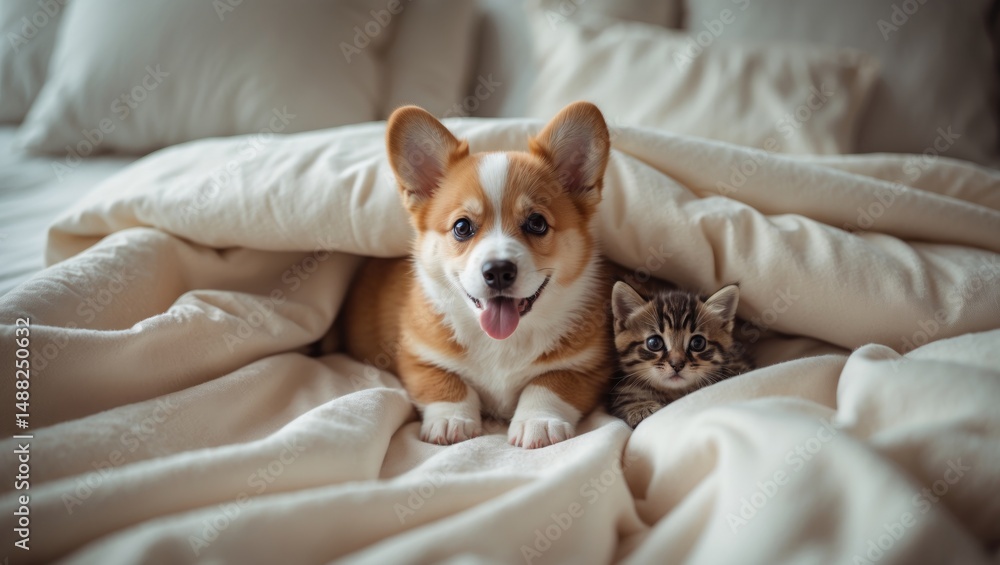Baby kitten and Pembroke Welsh corgi puppy cuddled together under a warm blanket on a bed. Baby kitten and Pembroke Welsh corgi puppy cuddled together under a warm blanket on a bed.