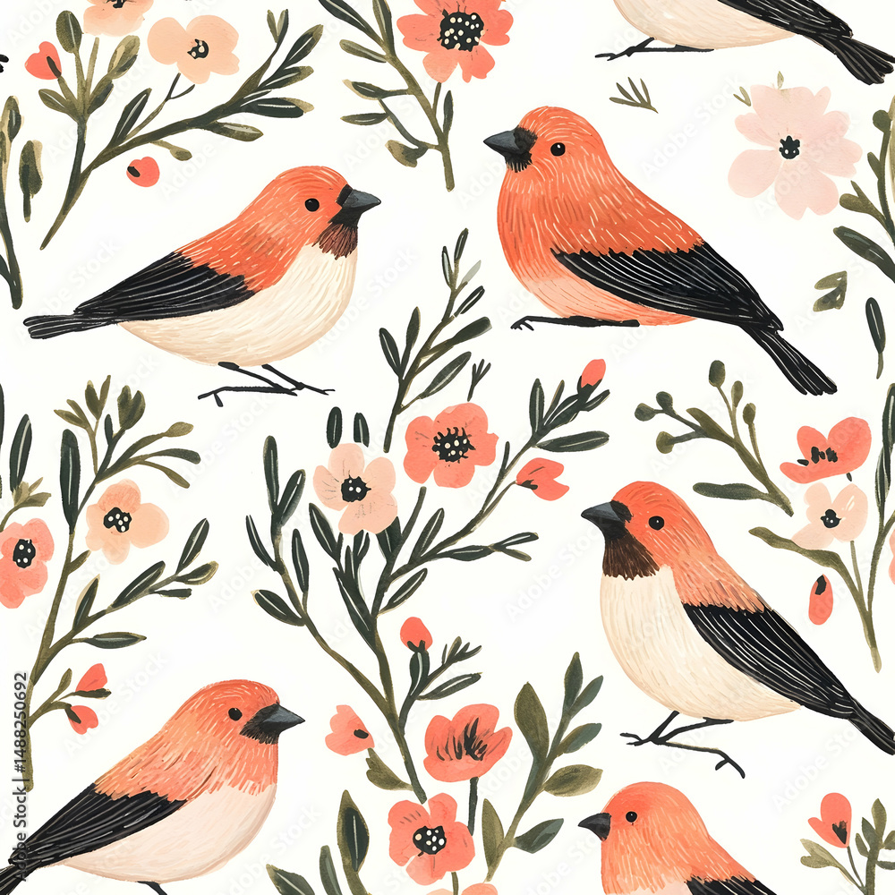 Fototapeta premium Orange birds floral pattern, spring nature illustration, textile design, fabric print