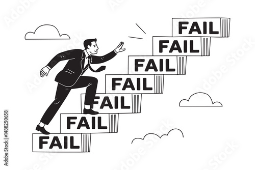 Businessman Climbing Stairs of Failures to Success