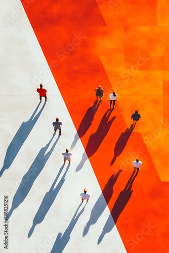 Artistic Aerial View: An artistic aerial view shows a group of people casting long shadows, symbolizing the passage of time or a journey, set against vibrant orange and white backgrounds.