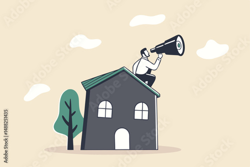 Real estate and housing investment opportunity, property growth forecast or vision, future mortgage or Reit profit concept, businessman investor with telescope climb up house chimney to see vision.