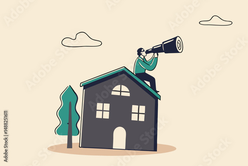 Real estate and housing investment opportunity, property growth forecast or vision, future mortgage or Reit profit concept, businessman investor with telescope climb up house chimney to see vision.