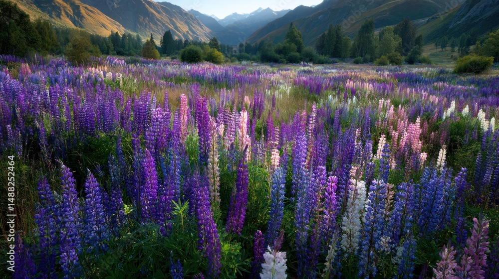 Fototapeta premium Serene Lupine Meadow in Majestic Mountains
