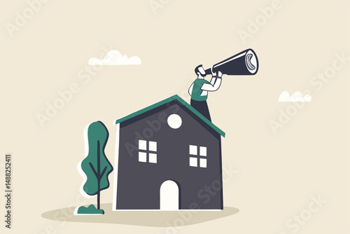 Real estate and housing investment opportunity, property growth forecast or vision, future mortgage or Reit profit concept, businessman investor with telescope climb up house chimney to see vision.