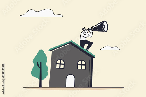 Real estate and housing investment opportunity, property growth forecast or vision, future mortgage or Reit profit concept, businessman investor with telescope climb up house chimney to see vision.