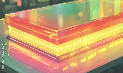 Illuminated glass box on reflective surface, city bokeh background; interior design