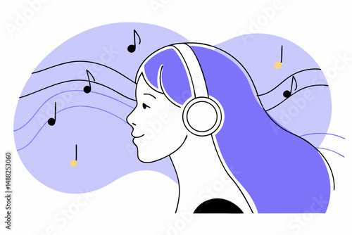 A Young Woman Enjoying Music with Headphones Amidst Abstract Musical Patterns