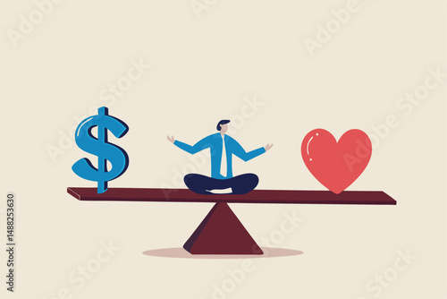 Work life balance, balancing between career to make money and personal life to enjoy with yourself or family concept, success businessman meditate on seesaw balance with money and heart symbol.