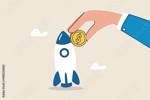 Funding startup company or venture capital investment, cost or budget to new business, pay for project launch concept, businessman hand investor put money coin into innovative rocket to launch company