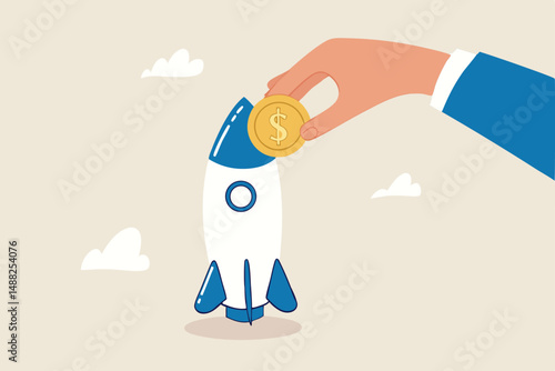 Funding startup company or venture capital investment, cost or budget to new business, pay for project launch concept, businessman hand investor put money coin into innovative rocket to launch company