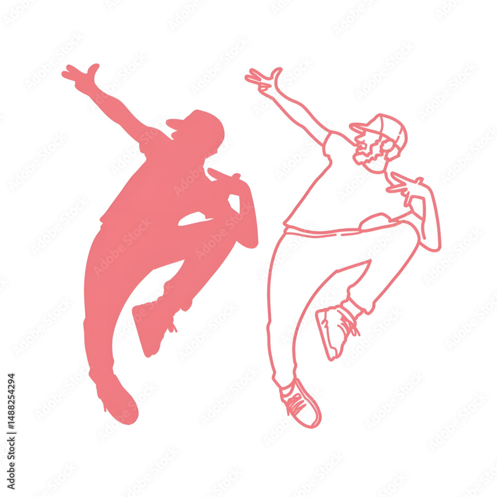 Naklejka premium two silhouette and line illustrations of men jumping high, happy in the sky. special style done.