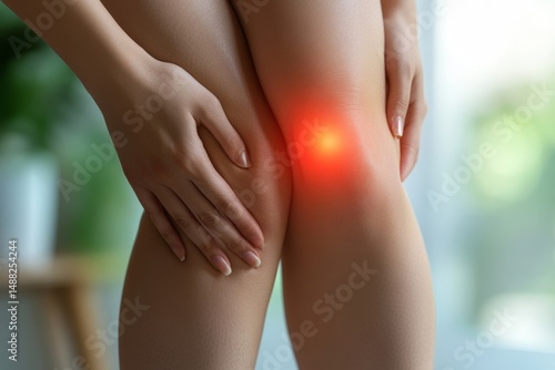 Wallpaper Mural Woman holding her knee with a red glow indicating pain and inflammation near an out of focus background Torontodigital.ca