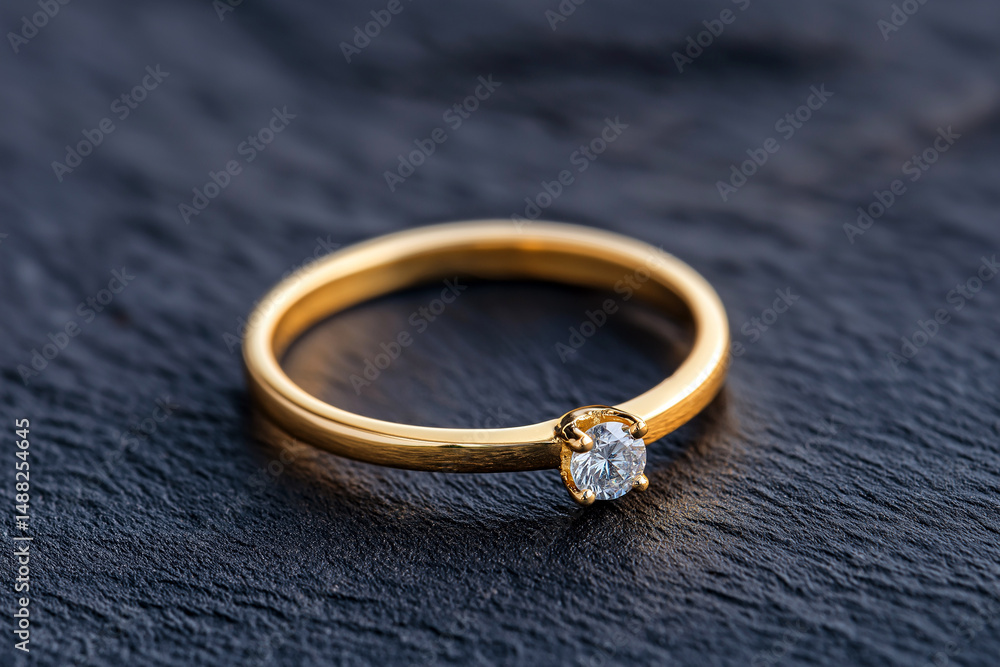 Elegant golden ring featuring a single brilliant cut diamond, placed on a dark textured surface. Symbolizing love, commitment, and luxury, this piece highlights the sophistication of fine jewelry. Elegant golden ring featuring a single brilliant cut diamond, placed on a dark textured surface. Symbolizing love, commitment, and luxury, this piece highlights the sophistication of fine jewelry.