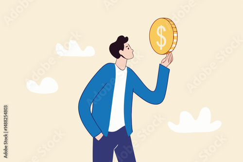 Financial plan investment strategy, decision to make profit or pay off debt, contemplation or thinking about savings and wealth concept, confident businessman spinning big money coin on his finger.