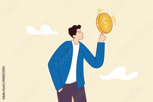 Financial plan investment strategy, decision to make profit or pay off debt, contemplation or thinking about savings and wealth concept, confident businessman spinning big money coin on his finger.