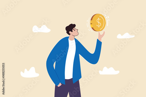 Financial plan investment strategy, decision to make profit or pay off debt, contemplation or thinking about savings and wealth concept, confident businessman spinning big money coin on his finger.