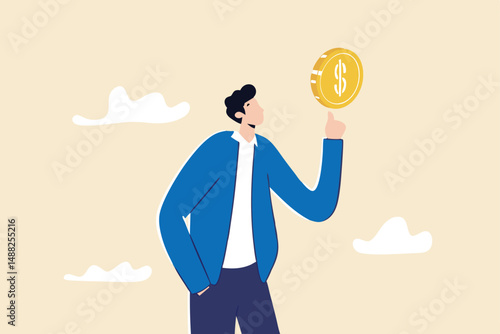 Financial plan investment strategy, decision to make profit or pay off debt, contemplation or thinking about savings and wealth concept, confident businessman spinning big money coin on his finger.