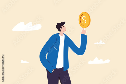 Financial plan investment strategy, decision to make profit or pay off debt, contemplation or thinking about savings and wealth concept, confident businessman spinning big money coin on his finger.