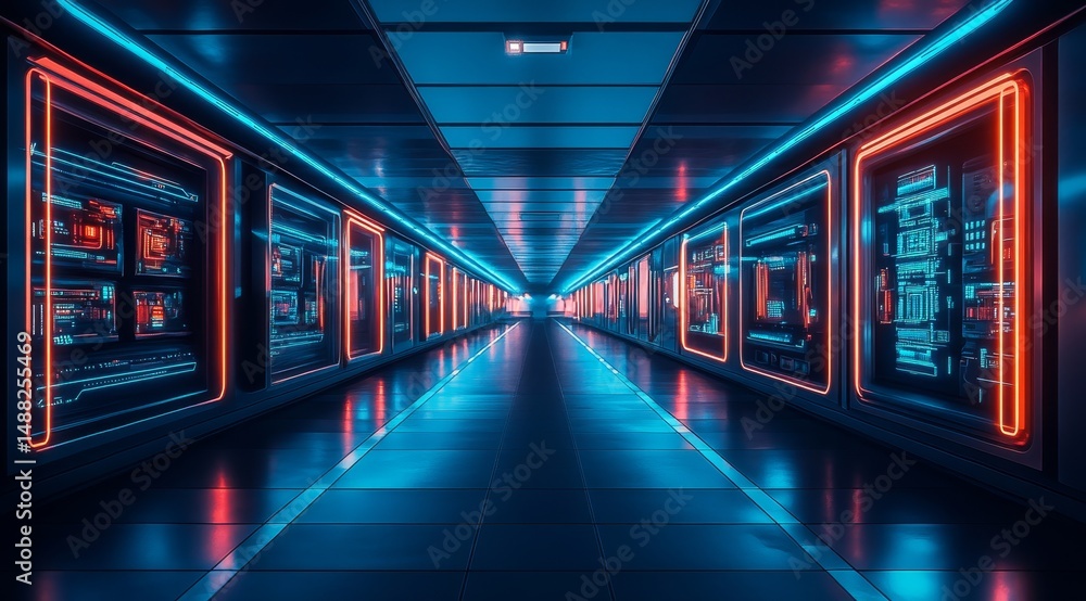Fototapeta premium A futuristic corridor with neon lights and digital displays