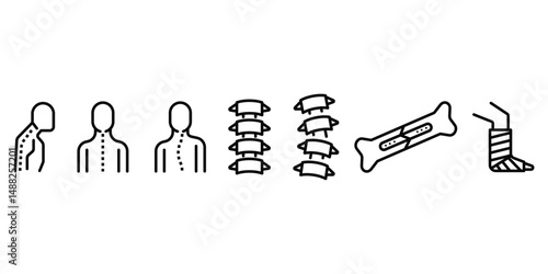 Bones icon set with spine fracture orthopedic vertebrae skeleton posture injury plaster cast medical vector illustration in flat outline style.