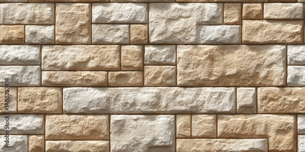 Obraz premium A textured stone wall with rectangular beige and cream blocks arranged in a modern, geometric pattern.