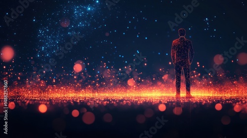 Abstract figure standing on a digital landscape