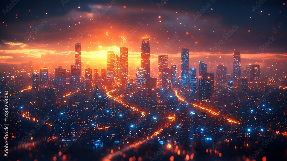 Fototapeta premium Cityscape at fiery sunset