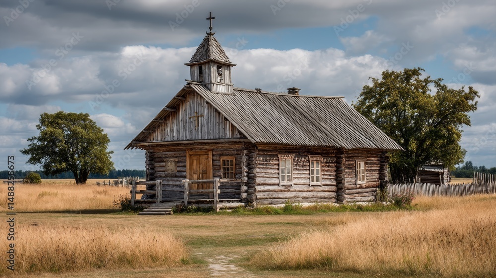 Obraz premium Rustic wooden church in countryside field under partly cloudy sky.