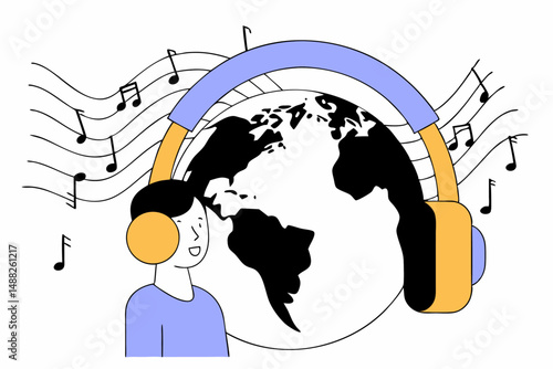Person Wearing Headphones Connected to Earth Globe with Floating Musical Notes