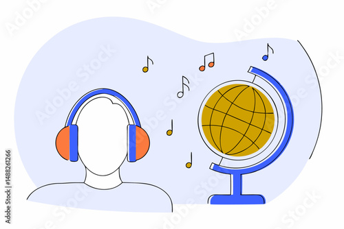 Another inspiring image of person with headphones immersed in global music and floating musical notes design