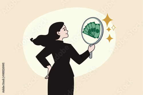 Self worth or self esteem, confident or attitude to see value in yourself, motivation or positive thinking concept, confidence businesswoman look at her reflection in the mirror to see money banknotes