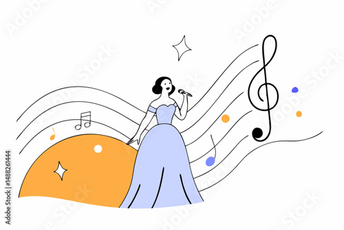 Woman in blue dress passionately singing with a colorful world music theme representing joy and artistic expression