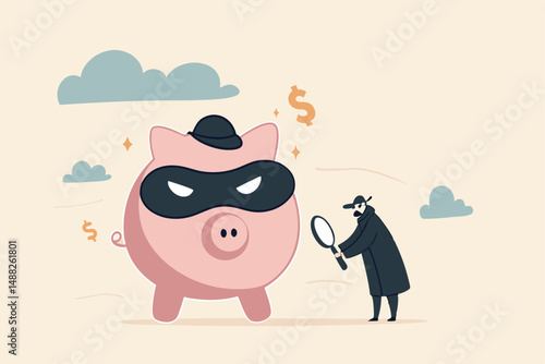Financial crime, fraud, Ponzi scheme or illegal business, money laundering or fake investment concept, detective man with magnifying glass investigate on pink piggy bank wearing criminal mask.