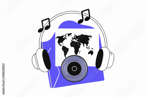 Vibrant music themed world map with headphones, vinyl record and notes design highlighting the universal language of music