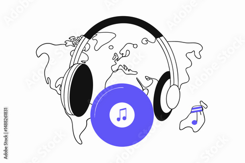 Energetic musical world map with headphones, vinyl record and dynamic notes portraying global rhythm and harmony