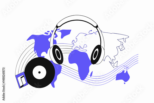 World Map with Headphones and Vinyl Record Featuring Music Notes Creating a Unique Global Music Experience